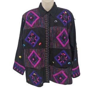 VTG Yak Magik Jacket Womens S Black Patchwork Boho Silk Applique Buttons Artsy‎